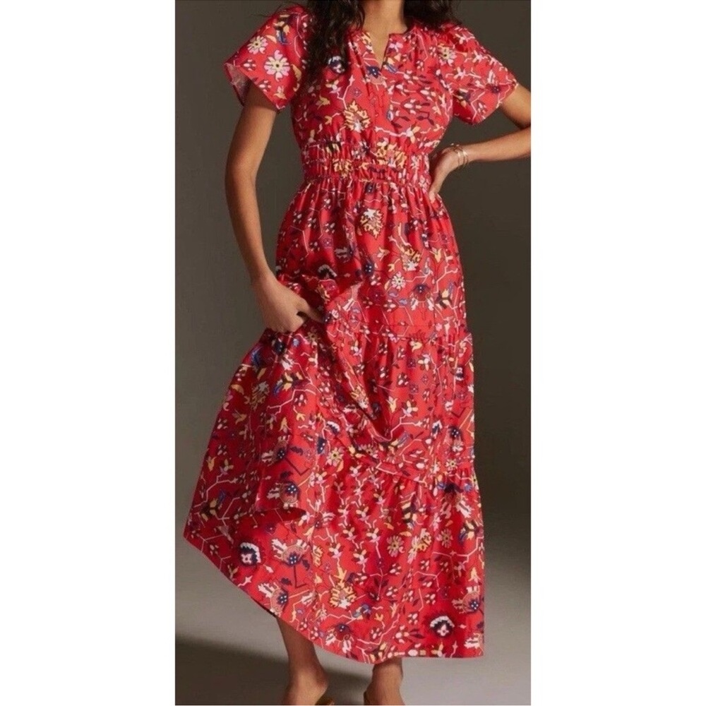Anthropologie Somerset Red and White Flutter Sleeve Maxi Dress S - Picture 10 of 10